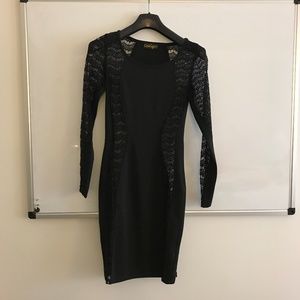 Black midi dress with sheer lace sides & sleeves